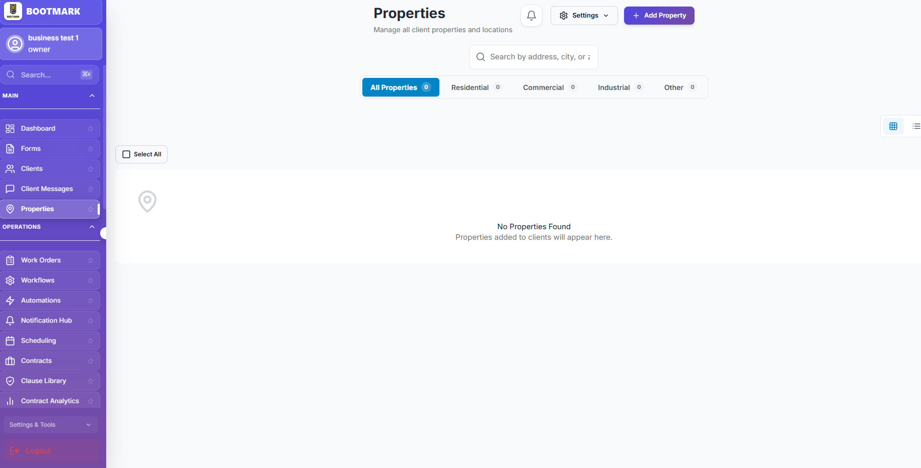 A client's properties, each with its own access notes and history