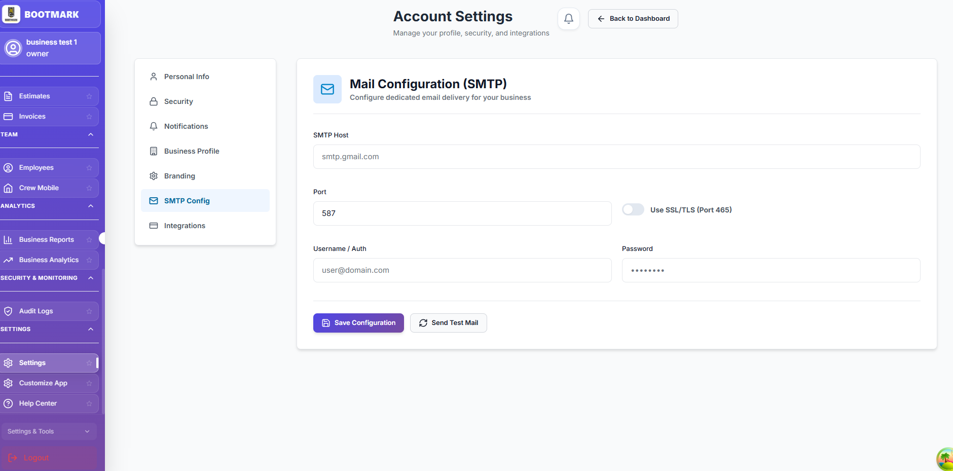 Email Configuration (SMTP) — BOOTMARK screenshot